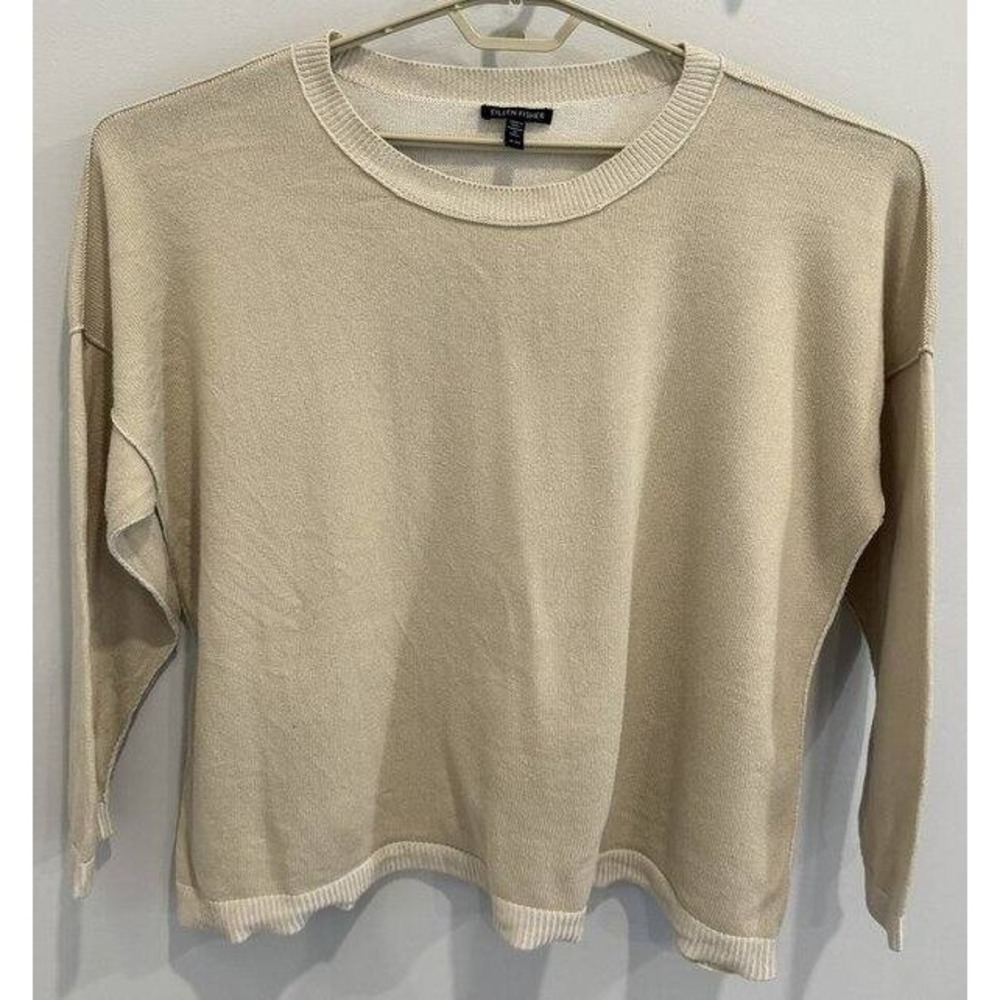 Eileen Fisher Organic Cotton Lyocell Blend Sweater Seamed Tan Long Sleeve XL